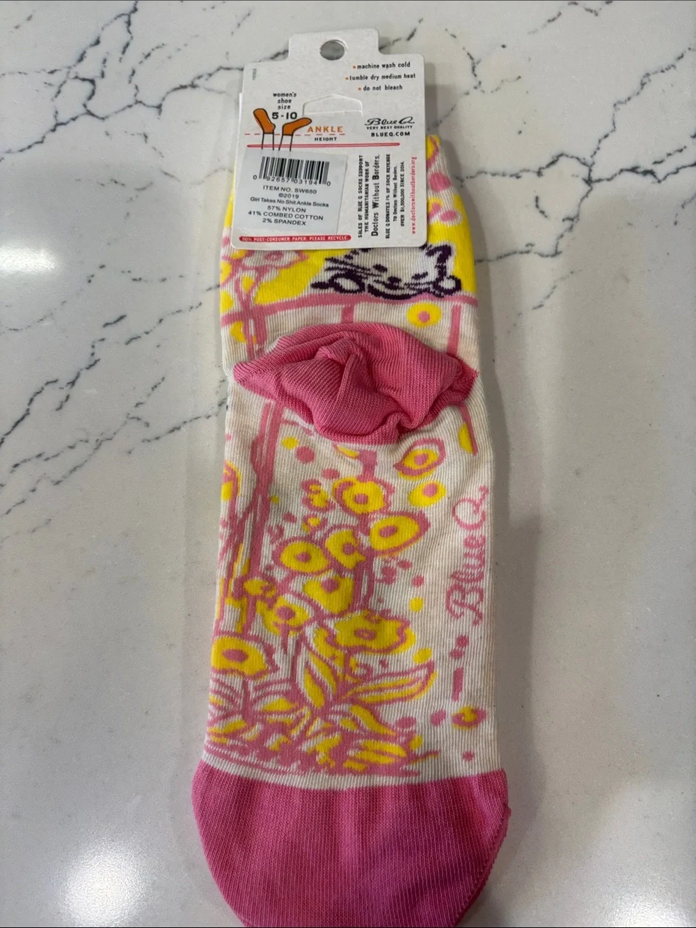 Blue Q Cat Ankle Socks in Pink, Yellow & Purple - 